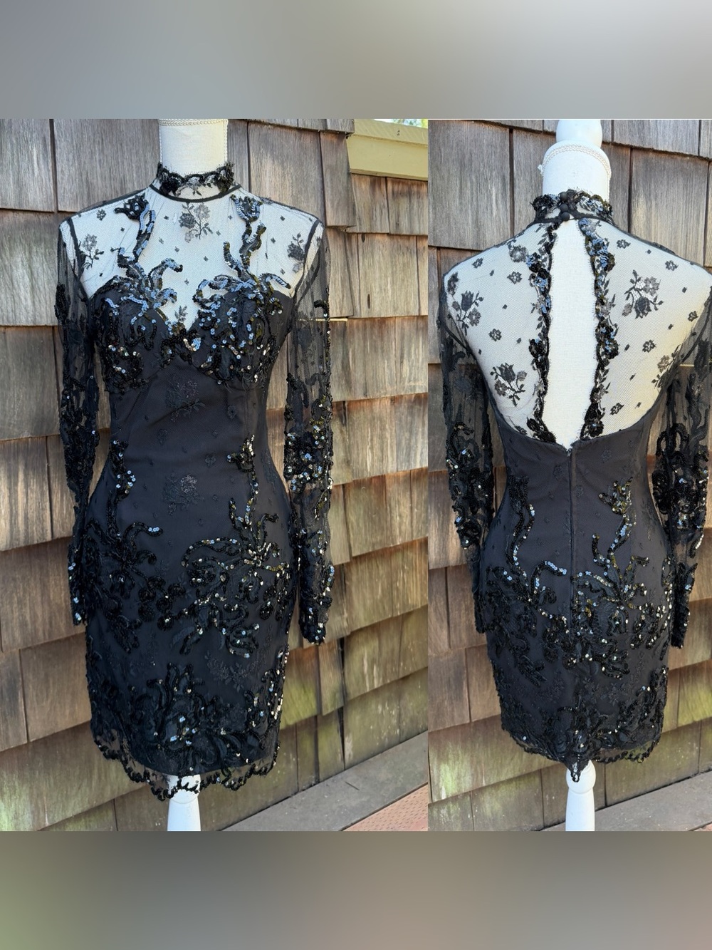Vintage Bergdorf Goodman cocktail black dress lace beading sheer bodice sz 38 XS